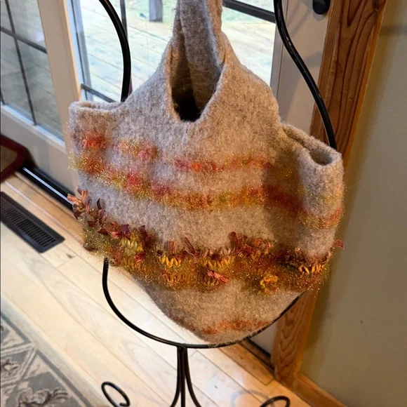 Handcrafted Boiled Wool Felt Shoulder Bag with Orange Accents & Fringe